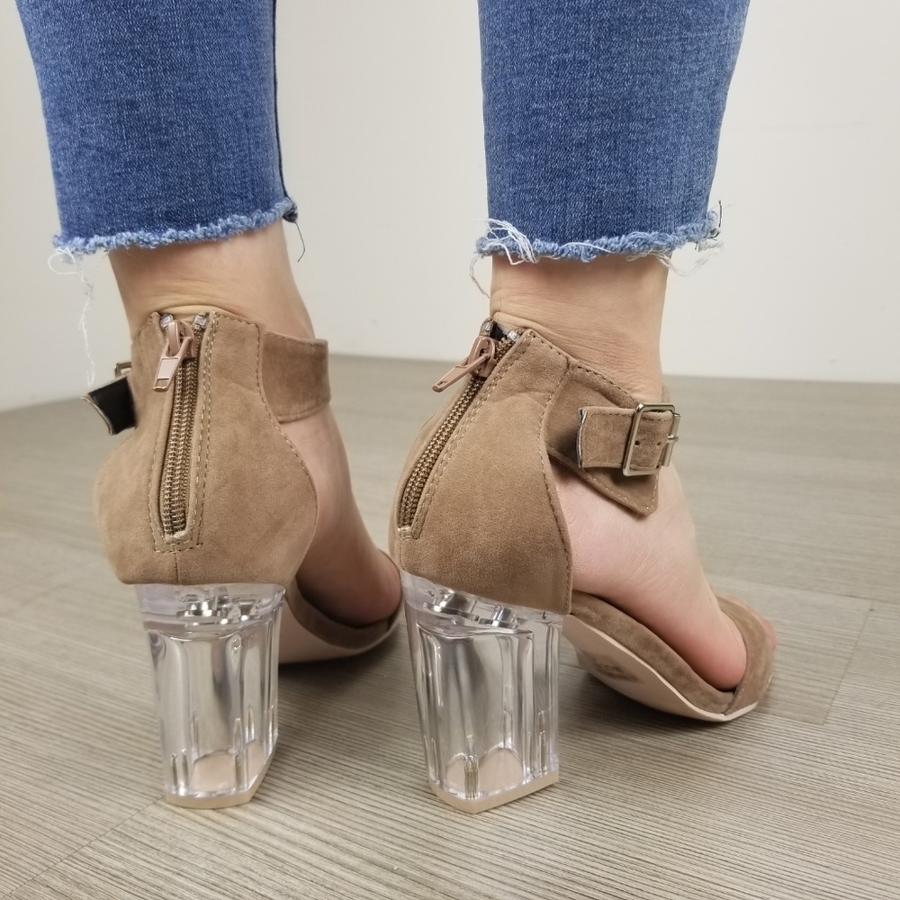 Lucite Clear Heel Tan Vegan Suede Heel Sandal -c1 - Picture 5 of 8